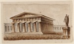 Skizze zu einem Architekturcapriccio mit einem dorischen Tempel und einer Statue, perspektivische Ansicht