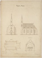Morschen-Eubach, Kirche, Entwurf, Grundriß, Aufrisse und Querschnitt