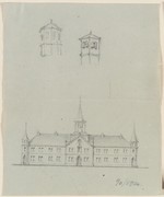 Bad Hersfeld, Entwurf zum Schulhaus, Aufriß und perspektivische Ansicht (recto); Entwurf zum Rathausbrunnen, Aufriß (verso)