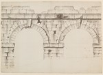 Kassel-Wilhelmshöhe, Aquädukt, Detailentwurf zum zweiten und dritten Bogen von Westen, Aufriß von Norden (recto); Ansicht mit ruinösem Türmchen (verso)