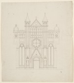 Kassel-Wilhelmshöhe, Löwenburg, Ausführungsentwurf zur Fassade der Kapelle, Aufriß (recto); Skizze zu einer Wegeführung (verso)