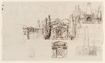 Skizzen zu einem Denkmal mit Sitzstatue in einer Nische, perspektivische Ansicht (recto); Skizzen und Berechnungen (verso)