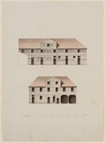 Kassel, Schloß Schönfeld, Bauaufnahme mit Fassadenentwurf von zwei Wirtschaftsgebäuden, Aufriß