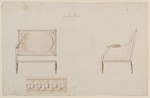 Kassel-Wilhelmshöhe, Schloß, Corps de Logis, Entwurf zu einem zweisitzigen Kanapee "à la Reine" für den Großen Saal, Vorder- und Seitenansicht