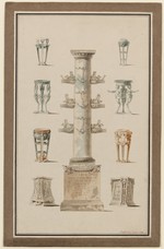 Rom (?), Nachzeichnung einer Siegessäule, zweier Kandelaberbasen und verschiedener Dreifüße, perspektivische Ansicht