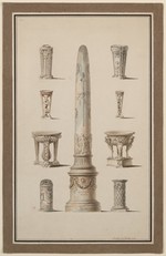 Rom (?), Nachzeichnung verschiedener antiker Objekte, perspektivische Ansicht
