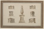 Rom (?), Nachzeichnung eines Kandelabers und verschiedener Grabaltäre, perspektivische Ansicht
