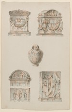 Rom (?), Nachzeichnung verschiedener antiker Bildhauerarbeiten, perspektivische Ansicht