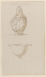 Rom, Nachzeichnung der Villa-Albani-Kanopenvase; Paestum, Nachzeichnung eines Gefäßes, perspektivische Ansicht