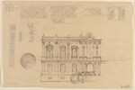 Entwurfsskizze mit der Teilansicht eines Fassadenaufrisses und Details ornamentaler Verzierungen
