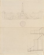 Skizze zu einem Brunnen mit einem Obelisken und Gesimsschnitte, Studienblatt, perspektivische Ansicht und Schnitt