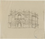 Skizze eines Schlosses im neogotischen Stil, Entwurf, perspektivische Ansicht