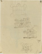 Skizzen einer Schloßanlage im neogotischen Stil, Entwurf, Grund- und Aufrisse (recto); Brunnenskizzen, perspektivische Ansicht (verso)