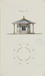 Kassel, Karlsaue, Schwaneninsel, Entwurf für einen Pavillon in Zeltform, Grund- und Aufriß