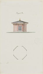 Kassel, Karlsaue, Schwaneninsel, Entwurf für einen Pavillon in Zeltform, Grund- und Aufriß
