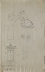Entwurfsskizze mit einem Fenster und verschiedenen Ornamenten (recto); Laubwerkdekor (verso), Aufriß