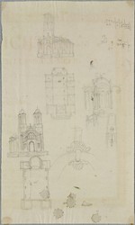 Skizzen von verschiedenen Kirchenbauten, Grundriß, Schnitt und perspektivische Ansicht
