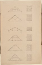 Sechs Dachstuhlkonstruktionen, Studienblatt, Aufrisse und Schnitte
