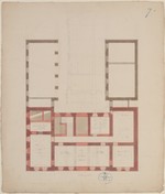 Kassel, "Haus Ruhl", Entwurf zum Kellergeschoß, Grundriß und skizzierter Teil-Querschnitt
