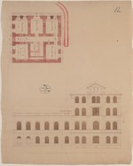 Kassel, "Haus Ruhl", Entwurf, Grundriß einer Kellerhälfte und Aufriß der Seitenfassade