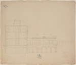 Kassel, "Haus Ruhl", Entwurf, Aufriß der inneren Hoffassade und Querschnitt des Haupthauses