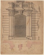 Entwurf zu einem Portal mit Balkon, Aufriß und Schnitt