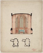 Marburg, Schloßkapelle, Bauaufnahme, Querschnitt mit Entwurf zur Innenausstattung, zwei Grundrisse