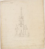 Abterode, ev. Pfarrkirche, Entwurf zum Haupteingang, Aufriß (recto); Detailskizzen (verso)