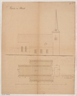 Abterode, alte ev. Pfarrkirche, Entwurf zur Dachkonstruktion, Grundriß und Längsaufriß