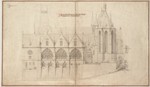 Marburg, "Alte Universität", perspektivische Ansicht der Ostseite mit Entwurf für die Aula