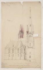 Amöneburg, kath. Pfarrkirche, Bauaufnahme und Entwurf, Aufriß von Osten (mit Klappe), Turmdetail