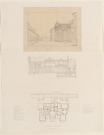 London, Carlton House nach J. Britton und A. C. Pugin, Grundriß, Schnitt und perspektivische Ansicht (Nachzeichnung)