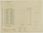 Kassel, Lutherkirche, Entwürfe für die Windfänge zu den Emporen und für die Tür zum Turmaufgang, Aufriß, Längs- und Querschnitt