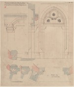 Kassel, Lutherkirche, Entwurf für die Eingangstür zu den westlichen Treppenhäusern, Aufriß, Quer- und Längsschnitt