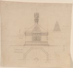 Kassel, Lutherkirche, Entwurf für ein achteckiges Behältnis mit Pelikan, Teilgrundriß, Vorderansicht und Aufsicht