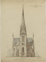 Kassel, Lutherkirche, Präsentationszeichnung der Westfassade, Aufriß