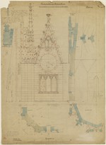 Kassel, Lutherkirche, Werkzeichnung zum Unterbau des Turmhelms, Aufriß, Quer- und Längsschnitt
