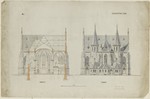 Kassel, Lutherkirche, Chor, Präsentationszeichnung, Aufriß und Querschnitt