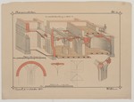 Studienblatt einer Kelleranlage mit verschiedenen Gewölben, Isometrie, Schnitt, Konstruktionszeichnung