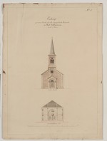 Volkmarsen, ev. Kirche, Entwurf zur Turmfassade, Aufriß und Querschnitt
