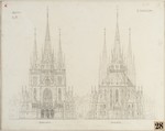 München, St. Maximilian, Wettbewerbsentwurf, Ansicht von Turmfassade und Chor