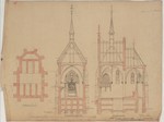 Aachen-Forst, Gut Schönthal, Entwurf einer Grabkapelle, Grundriß der Gruft, Längs- und Querschnitt