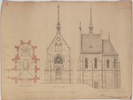 Aachen-Forst, Gut Schönthal, Entwurf einer Grabkapelle, Grundriß, Ansicht der Hauptfassaden und Seitenansicht