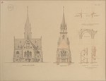 Kassel, Auferstehungskirche, Wettbewerbsentwurf, Ansicht von Westen, Querschnitt und Details