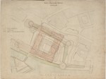 Kassel, Regierungsgebäude, Bauaufnahme, Lageplan mit Einzeichnung der Grundrisse von Landgrafenschloß und Chattenburg