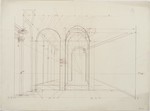 Brunnenhof mit Säulenhalle, Studienblatt, perspektivische Konstruktionszeichnung