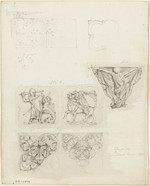 Köln, Dom, Detailskizzen des Chorgestühls, Zierelemente, Bauaufnahme (recto); Sockel und Abschlußprofile (verso)