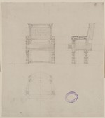 Entwurf für einen Sessel, Vorder- und Seitenansicht, Konstruktionszeichnung