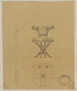 Entwurf für einen Stuhl mit runder Sitzfläche, Vorder- und Seitenansicht, Konstruktionszeichnung (Kopie?)