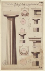 Paestum, Hera-Tempel I, Details von Säulen und Gebälk nach A. H. Baumgärtner, Aufriß und Schnitt